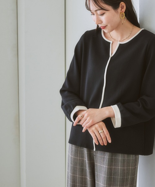 7days Life Styling(セブンデイズライフスタイリング)の「【裏側起毛】配色使いキーネックトップス(Tシャツ/カットソー・レディース・アイボリー/ブラック・L/S/LL/M)」の7枚目の写真