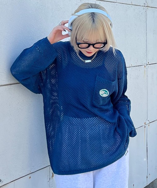 Snap club(スナップクラブ)の「【Snap club】 ポケット付きサークルワッペンメッシュニット(ニット/セーター・レディース・ライトグレー/グリーン/ブラック/アイボリー/ブルー・M/L)」の5枚目の写真