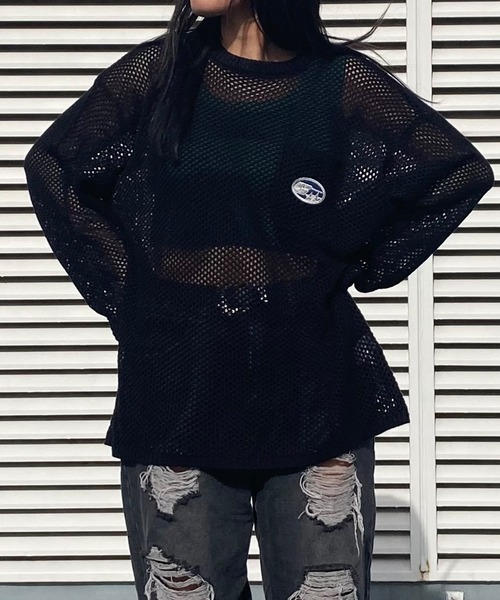 Snap club(スナップクラブ)の「【Snap club】 ポケット付きサークルワッペンメッシュニット(ニット/セーター・レディース・ライトグレー/グリーン/ブラック/アイボリー/ブルー・M/L)」の3枚目の写真