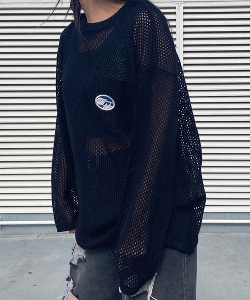 Snap club(スナップクラブ)の「【Snap club】 ポケット付きサークルワッペンメッシュニット(ニット/セーター・レディース・ライトグレー/グリーン/ブラック/アイボリー/ブルー・M/L)」の8枚目の写真