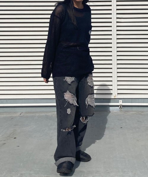 Snap club(スナップクラブ)の「【Snap club】 ポケット付きサークルワッペンメッシュニット(ニット/セーター・レディース・ライトグレー/グリーン/ブラック/アイボリー/ブルー・M/L)」の12枚目の写真