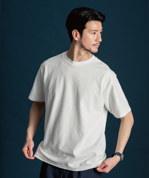 THE SHOP TK （ザ ショップ ティーケー ）の「◆【ご好評につき再入荷！】リンクスジャカード半袖Tシャツ（Tシャツ/カットソー・メンズ・ライトグレー/オフホワイト/ブラック・04/03/02/01）」の7枚目の写真