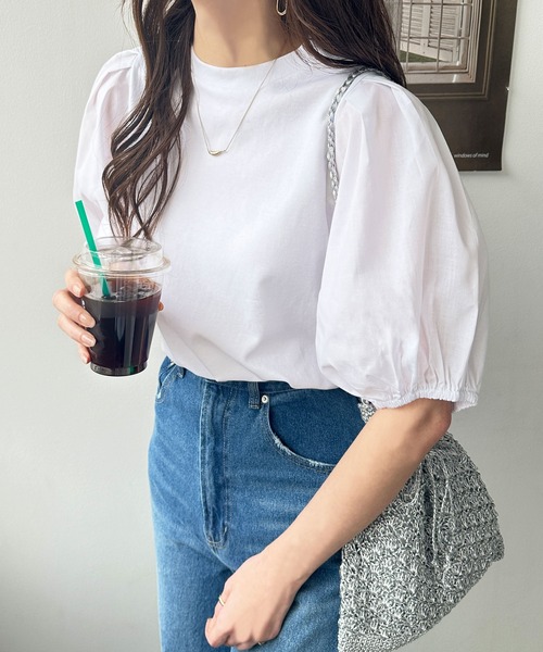 GeeRA(ジーラ)の「綿100%異素材ドッキングボリュームスリーブシルケットTシャツ(Tシャツ/カットソー・レディース・オフホワイト/ブラック・MEDIUM/LARGE)」の12枚目の写真