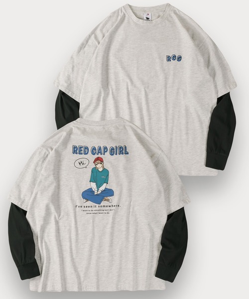 Red Cap Girl(レッドキャプガール)の「【Red Cap Girl/レッドキャップガール】ガールイラストフェイクレイヤードロンT/バックプリント/オーバーサイズ/ユニセックス/推し活(Tシャツ/カットソー・メンズ・ホワイト/ブルー/アッシュグレー/ブラック・M/L)」の3枚目の写真