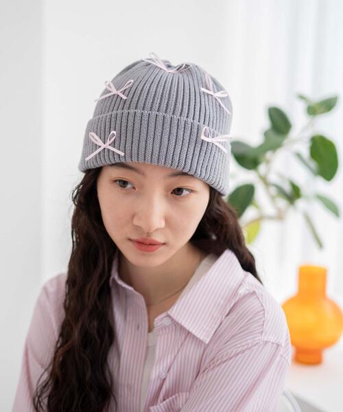 WEGO（ウィゴー）の「WEGO/ribbon knit cap（ニットキャップ/ビーニー・レディース・ブラック/グレー/ホワイト・FREE）」の3枚目の写真