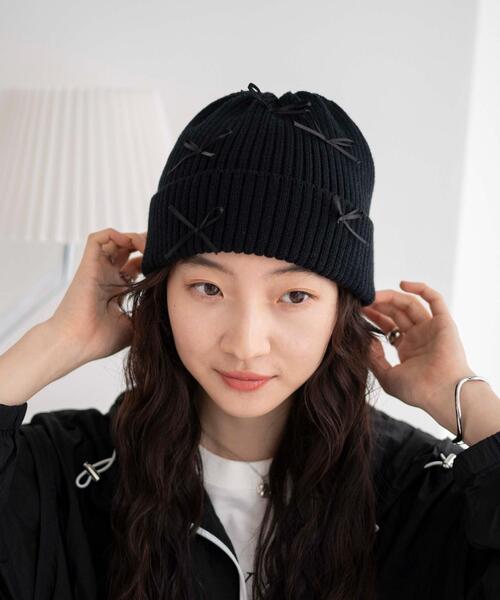 WEGO（ウィゴー）の「WEGO/ribbon knit cap（ニットキャップ/ビーニー・レディース・ブラック/グレー/ホワイト・FREE）」の6枚目の写真