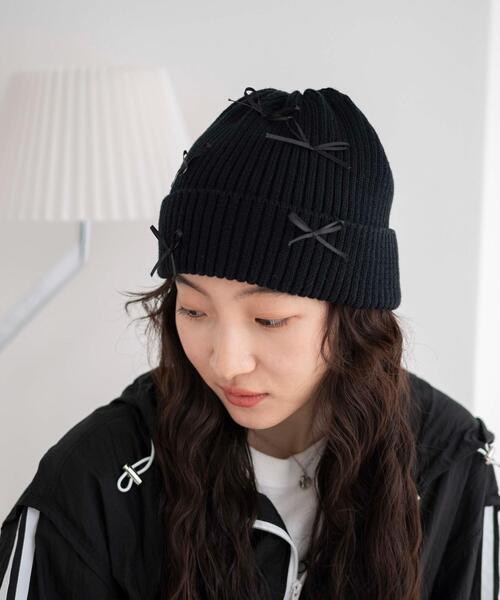WEGO（ウィゴー）の「WEGO/ribbon knit cap（ニットキャップ/ビーニー・レディース・ブラック/グレー/ホワイト・FREE）」の7枚目の写真