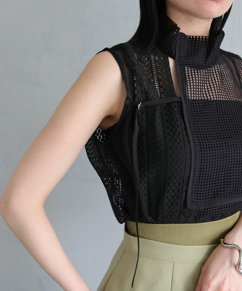 &g'aime（アンジェム）の「【&g’aime】MIXメッシュノースリーブブラウス（シャツ/ブラウス・レディース・ブラック/ホワイト・FREE）」の12枚目の写真