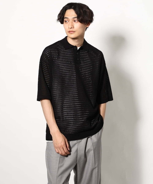a.v.v(アーヴェヴェ)の「【洗濯機で洗える】メッシュ編みワイドシルエットニットポロ 5分袖(ニット/セーター・メンズ・ブラック・46/48)」の6枚目の写真