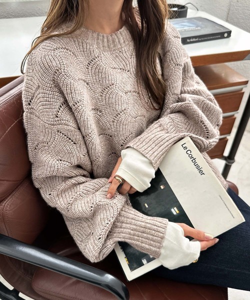 セール】袖ボリューム透かし編み長袖ニットトップス（ニット/セーター