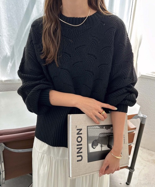 andme(アンドミー)の「袖ボリューム透かし編み長袖ニットトップス(ニット/セーター・レディース・ブラック/グレー/グレイッシュベージュ・F(M))」の20枚目の写真