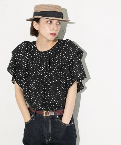 OPAQUE.CLIP（オペークドットクリップ）の「◆《美人百花掲載》ドットプリントフレアスリーブ【洗濯機洗い可】（シャツ/ブラウス・レディース・ホワイト系3/ブラック系/ネイビー系・40/38/42）」の10枚目の写真