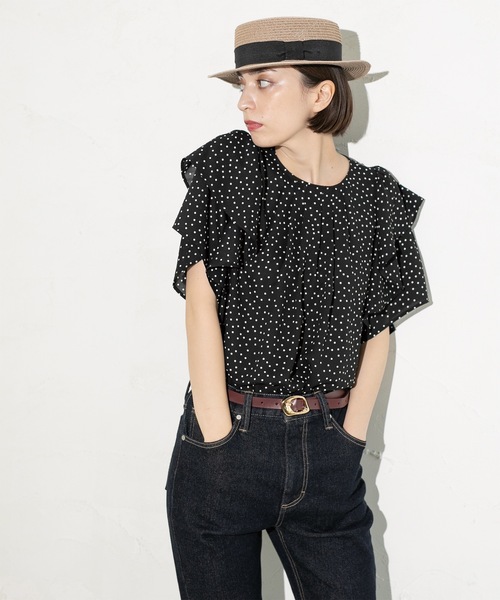 OPAQUE.CLIP（オペークドットクリップ）の「◆《美人百花掲載》ドットプリントフレアスリーブ【洗濯機洗い可】（シャツ/ブラウス・レディース・ホワイト系3/ブラック系/ネイビー系・40/38/42）」の13枚目の写真