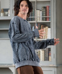 mlt4835- Vintage Like Indigo Bleach Waffle Pullover カットソー