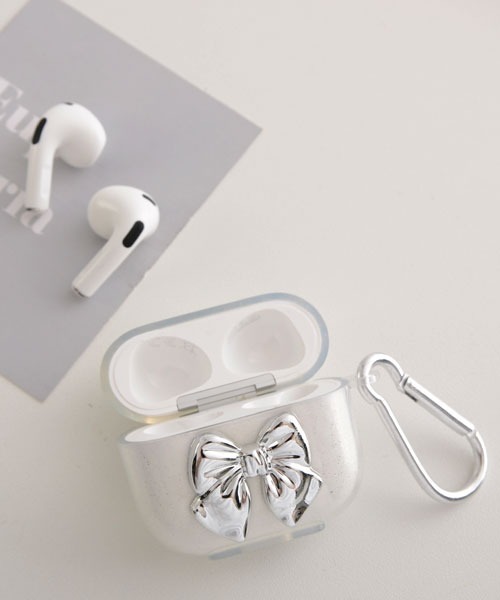 float】シルバー リボン エアポッズ/エアポッズプロ ケース カバー
