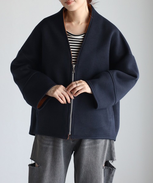 セール】バイカラーボンディングニットジャケット（ブルゾン）｜＆HALF