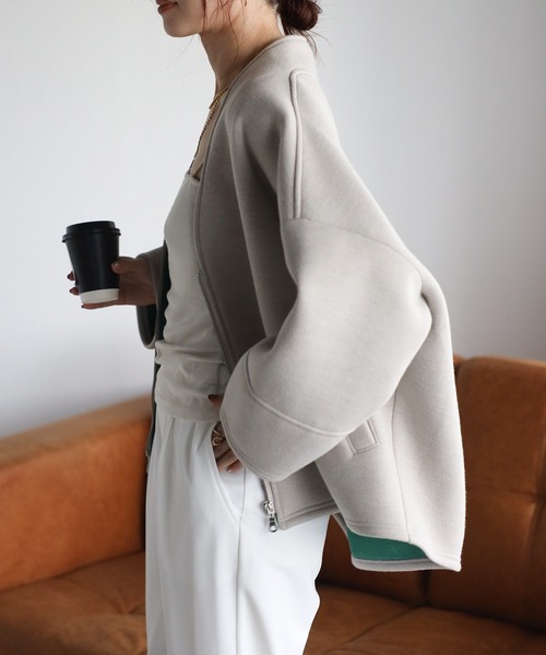 セール】バイカラーボンディングニットジャケット（ブルゾン）｜＆HALF