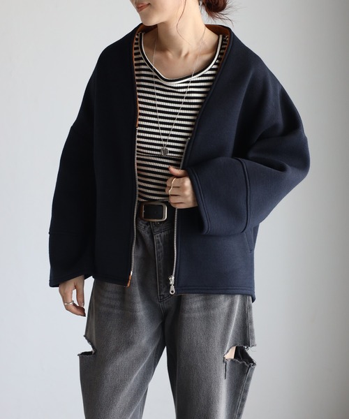 セール】バイカラーボンディングニットジャケット（ブルゾン）｜＆HALF