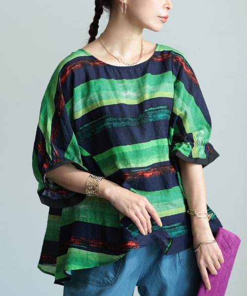 Sawa a la mode(サワアラモード)の「水彩ボーダー柄フレアトップス(Tシャツ/カットソー・レディース・グリーン/オレンジ・FREE)」の2枚目の写真