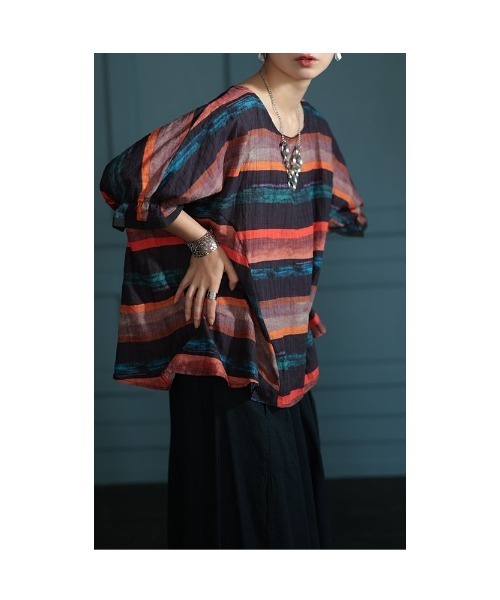 Sawa a la mode(サワアラモード)の「水彩ボーダー柄フレアトップス(Tシャツ/カットソー・レディース・グリーン/オレンジ・FREE)」の19枚目の写真
