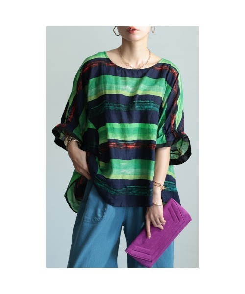Sawa a la mode(サワアラモード)の「水彩ボーダー柄フレアトップス(Tシャツ/カットソー・レディース・グリーン/オレンジ・FREE)」の3枚目の写真