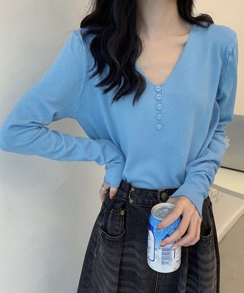 Miniministore（ミニミニストア）の「Vネック ニットトップス レディース（シャツ/ブラウス・レディース・ホワイト/ベージュ/ブルー/イエロー/ラベンダー/ブラック・FREE）」の4枚目の写真