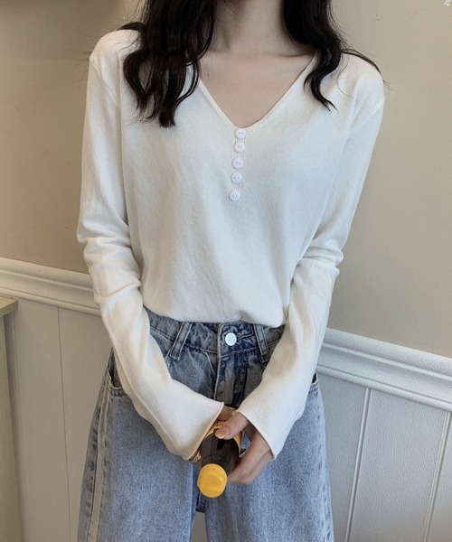 Miniministore（ミニミニストア）の「Vネック ニットトップス レディース（シャツ/ブラウス・レディース・ホワイト/ベージュ/ブルー/イエロー/ラベンダー/ブラック・FREE）」の9枚目の写真