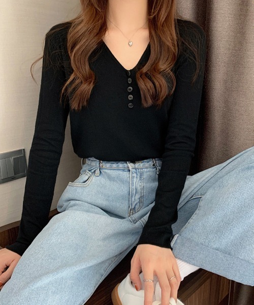 Miniministore（ミニミニストア）の「Vネック ニットトップス レディース（シャツ/ブラウス・レディース・ホワイト/ベージュ/ブルー/イエロー/ラベンダー/ブラック・FREE）」の12枚目の写真