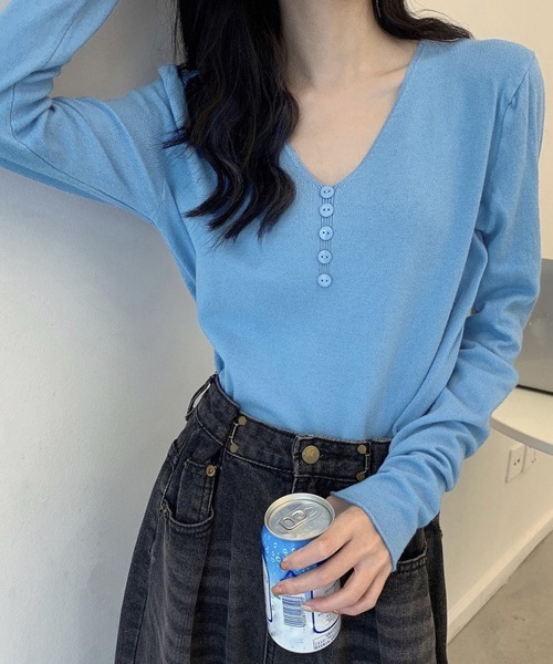 Miniministore（ミニミニストア）の「Vネック ニットトップス レディース（シャツ/ブラウス・レディース・ホワイト/ベージュ/ブルー/イエロー/ラベンダー/ブラック・FREE）」の16枚目の写真