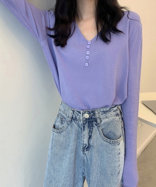 Miniministore（ミニミニストア）の「Vネック ニットトップス レディース（シャツ/ブラウス・レディース・ホワイト/ベージュ/ブルー/イエロー/ラベンダー/ブラック・FREE）」の18枚目の写真