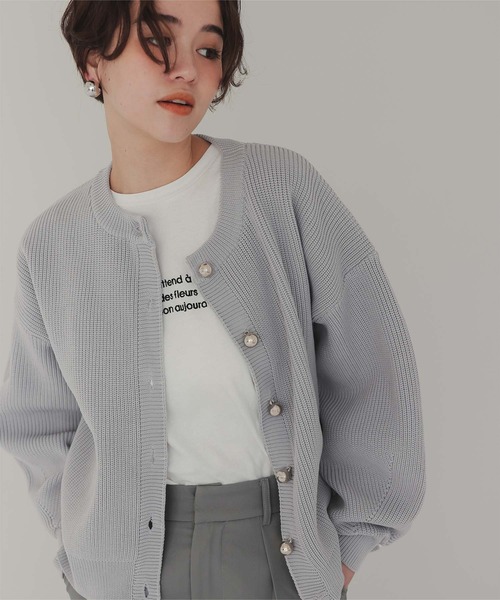 セール】シルバー釦クルーネックニットカーディガン（カーディガン