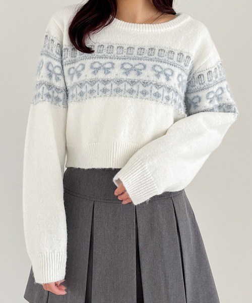 Heather(ヘザー)の「ラメリボンモチーフニット 250156(ニット/セーター・レディース・ブラック/グレー/オフホワイト・FREE)」の1枚目の写真