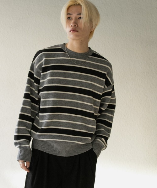 OUTIL / ニット・セーター(薄手)/4/ウール/BLK/ボーダー セール】ウールブレンドボーダークルーネックニット（ニット/セーター