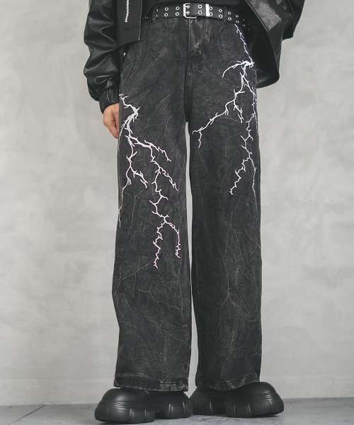 セール】Thunder embroidery design over wide denim pants