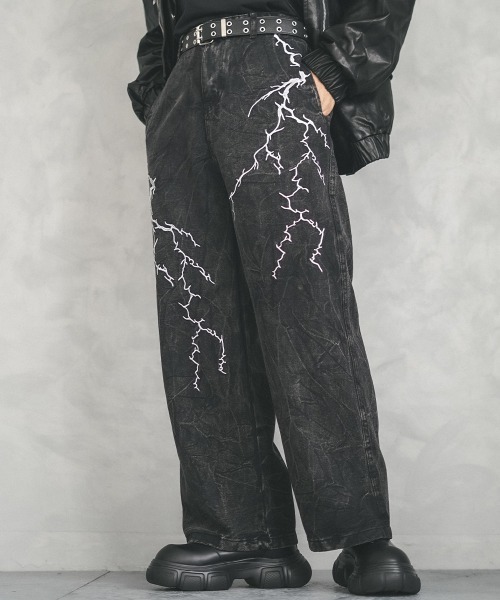 パンツ EMBROIDERED DENIM PANTS セール】Thunder embroidery design over wide denim pants