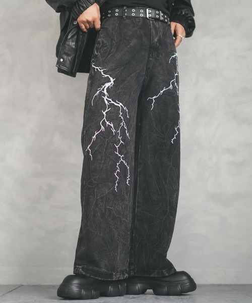 セール】Thunder embroidery design over wide denim pants