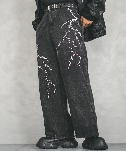 セール】Thunder embroidery design over wide denim pants