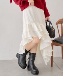 【ペチパン付】サテンライクアシメフリルロングスカート