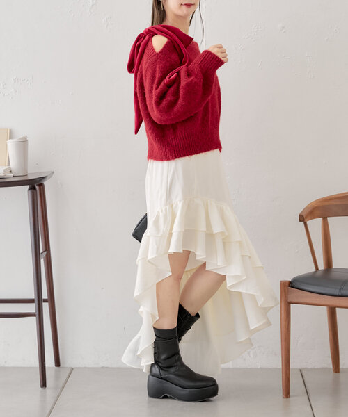 カラフルサテンフリルロンスカート サテンプリーツロングスカート ボトムス サテンスカート[品番