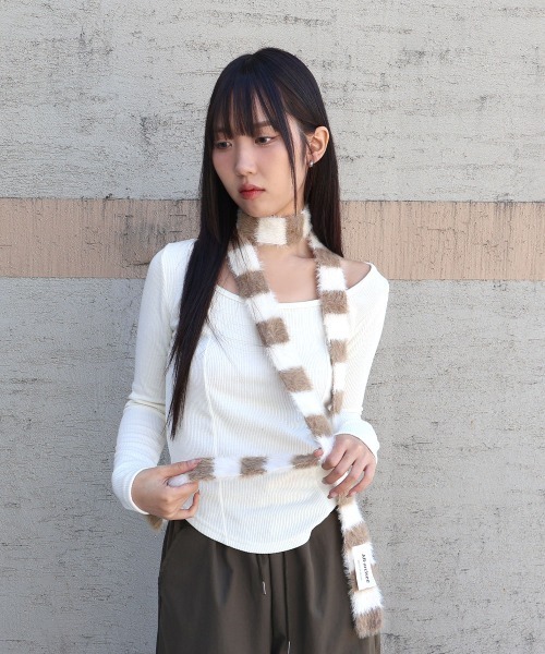 セール】ボーダー シャギー ニット スリムマフラー（マフラー