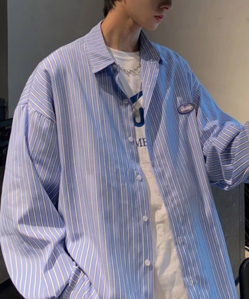 NOWLE（ノウル）の「【NOWLE】ワンポイント ロゴ ストライプシャツ（シャツ/ブラウス・メンズ・ブルー/ブラック・X-LARGE/LARGE/MEDIUM）」の15枚目の写真