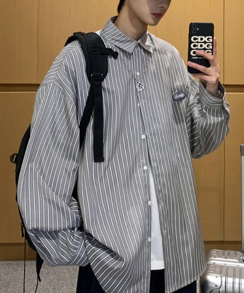 NOWLE（ノウル）の「【NOWLE】ワンポイント ロゴ ストライプシャツ（シャツ/ブラウス・メンズ・ブルー/ブラック・X-LARGE/LARGE/MEDIUM）」の14枚目の写真