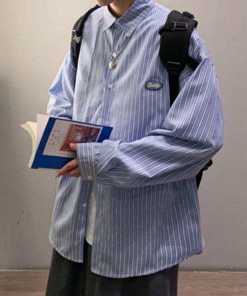 NOWLE（ノウル）の「【NOWLE】ワンポイント ロゴ ストライプシャツ（シャツ/ブラウス・メンズ・ブルー/ブラック・X-LARGE/LARGE/MEDIUM）」の17枚目の写真