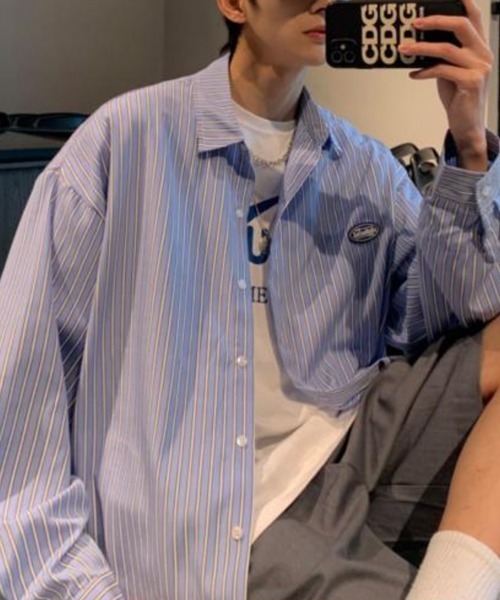 NOWLE（ノウル）の「【NOWLE】ワンポイント ロゴ ストライプシャツ（シャツ/ブラウス・メンズ・ブルー/ブラック・X-LARGE/LARGE/MEDIUM）」の20枚目の写真