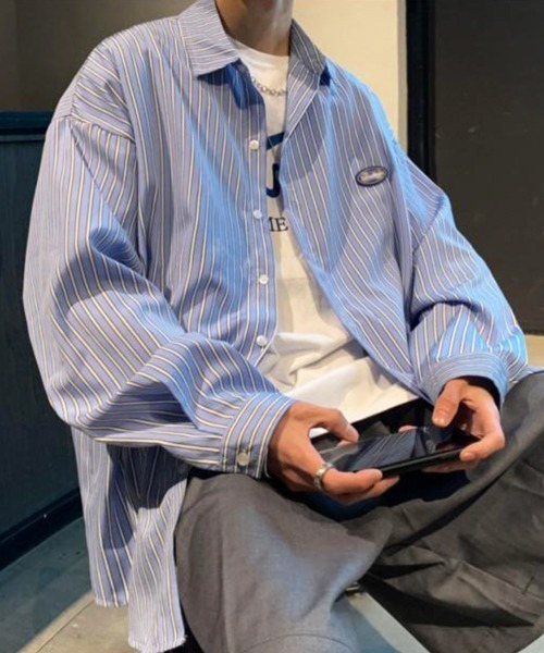 NOWLE（ノウル）の「【NOWLE】ワンポイント ロゴ ストライプシャツ（シャツ/ブラウス・メンズ・ブルー/ブラック・X-LARGE/LARGE/MEDIUM）」の9枚目の写真