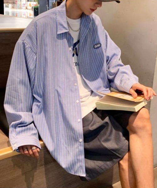 NOWLE（ノウル）の「【NOWLE】ワンポイント ロゴ ストライプシャツ（シャツ/ブラウス・メンズ・ブルー/ブラック・X-LARGE/LARGE/MEDIUM）」の10枚目の写真