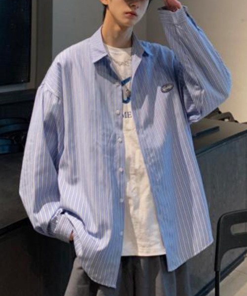 NOWLE（ノウル）の「【NOWLE】ワンポイント ロゴ ストライプシャツ（シャツ/ブラウス・メンズ・ブルー/ブラック・X-LARGE/LARGE/MEDIUM）」の11枚目の写真