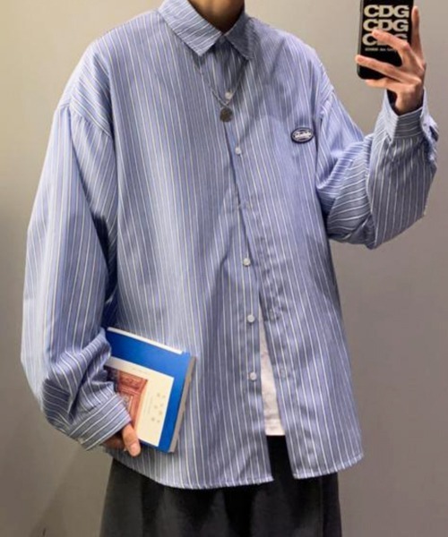 NOWLE（ノウル）の「【NOWLE】ワンポイント ロゴ ストライプシャツ（シャツ/ブラウス・メンズ・ブルー/ブラック・X-LARGE/LARGE/MEDIUM）」の12枚目の写真