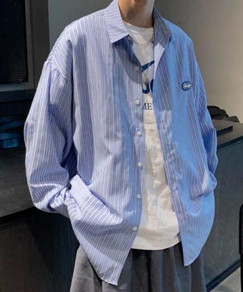 NOWLE（ノウル）の「【NOWLE】ワンポイント ロゴ ストライプシャツ（シャツ/ブラウス・メンズ・ブルー/ブラック・X-LARGE/LARGE/MEDIUM）」の13枚目の写真