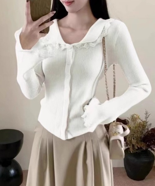 Lace Ladies(レースレディース)の「丸襟 レース リブ ニット カーディガン(カーディガン/ボレロ・レディース・アイボリー/ブラック/ホワイト・FREE)」の1枚目の写真